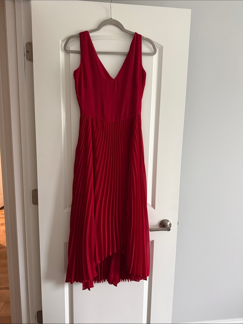 White House Black Market Red Pleated V-Neck High-Low Dress